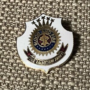 Vintage White Enamel Salvation Army Blood and Fire Pin Pinback Brooch Badge